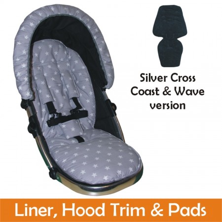 Matching Liner, Hood Trim & Harness Pads Package to fit Silver Cross Wave & Coast Pushchairs - Silver Star Design